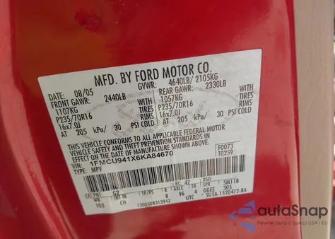 2006 Ford Escape Limited из США, поврежденный, VIN 1FMCU941X6KA84670